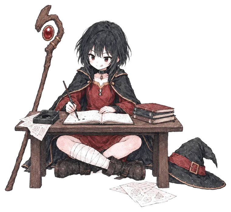 Megumin at a low desk, writing calmly in a notebook